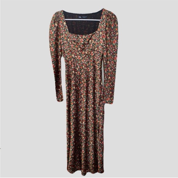 Zara Floral Brown Midi Dress satin square neck - Picture 3 of 5
